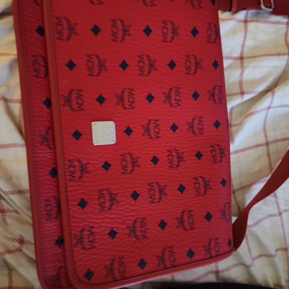 MCM Red Logo Messenger Bag with Navy Monogram